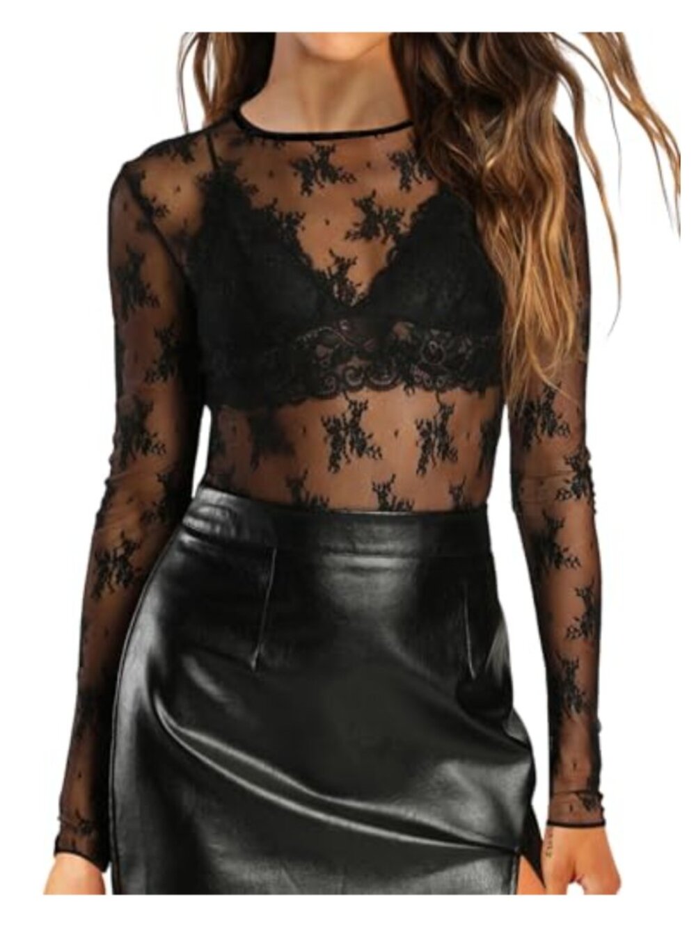 Mesh Long Sleeve Top Sheer Floral Lace Blouse Crew Neck Party Club